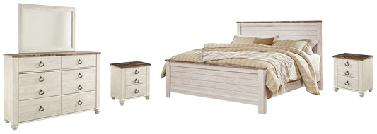 Willowton California King Panel Bed with Mirrored Dresser and 2 Nightstands